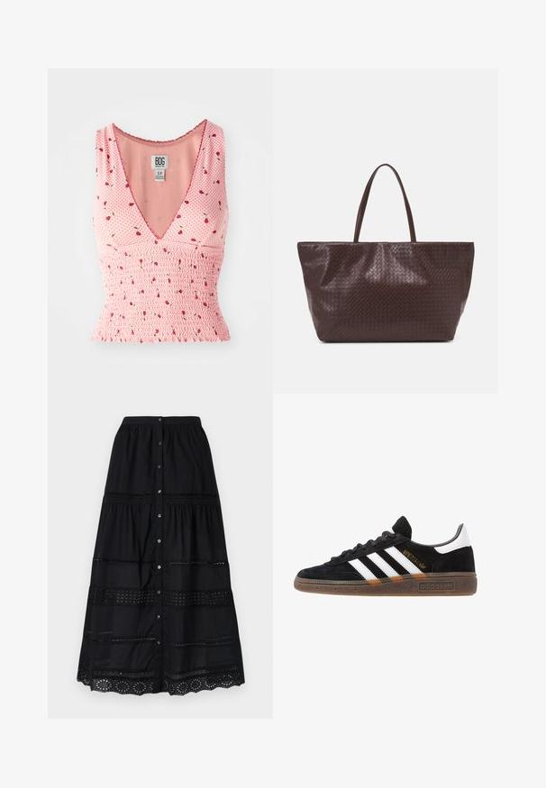 Ružový top bez rukávov s výstrihom do V, so smocked detailmi a kvetinovým vzorom. Na pozadí s bodkami sú roztrúsené malé červené kvety.; Čierna sukňa na gombíky s viacvrstvovým dizajnom, ktorá má čipkový lem a textúrovaný materiál. Obsahuje strieborné gombíky smerom dole.; Čierne tenisky Adidas so bielymi pruhmi, zlatým textom "Spezial", gumenou podrážkou a bielym zadným pútkom, zobrazené z bočného pohľadu.; Hnedá tkaná kožená taška cez rameno s dvoma uchami, štruktúrovaným tvarom a textúrovaným povrchom, s diamantom vzorom po celom povrchu.