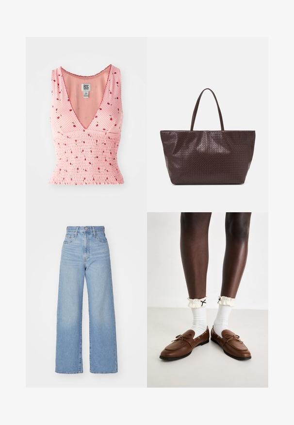 Roosa ilma varrukateta topp V-kaelusega, kus on smockimise detailid ja lillemuster. Väikesed punased lilled on hajutatud täppide taustale.; Heledad sinine kõrge vöökohaga laiad teksad, ees nupp ja tõmblukk, ees ja taga taskud, valge tausta peal.; Pruunid nahast loaferid ümarate varvaste ja seotud paeltega, koos valgete soonikute sokkidega ja rümpade kreemivärviliste mansettidega, millel on mustad aktsendid.; Pruun punutud nahast kott kahe käepideme ja struktureeritud kuju ning tekstureeritud pinnaga, millel on kogu ulatuses rombikujuline muster.