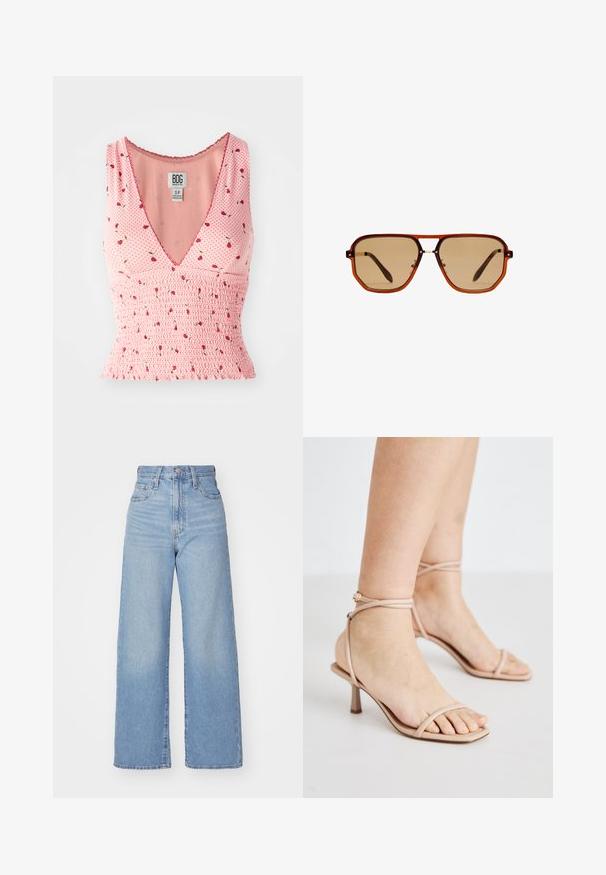 Rosa ärmellose Bluse mit V-Ausschnitt, mit Rüschendetails und floralen Mustern. Kleine rote Blumen sind auf einem Punktmuster-Hintergrund verteilt.; Hellblaue High-Waist-Weite-Leg-Jeans mit Knopf- und Reißverschluss vorne, Vorder- und Rückentaschen, auf weißem Hintergrund.; Nackte Riemchensandalen mit einem dünnen Knöchelriemen, einem quadratischen Zehendesign und einem kleinen Blockabsatz. Glatte Textur mit minimaler Detailgestaltung.; Braune achteckige Sonnenbrille mit einem transparenten, bernsteinfarbenen Rahmen und braun getönten Gläsern. Verfügt über eine Metallverzierung am Steg und schlanke Bügel.