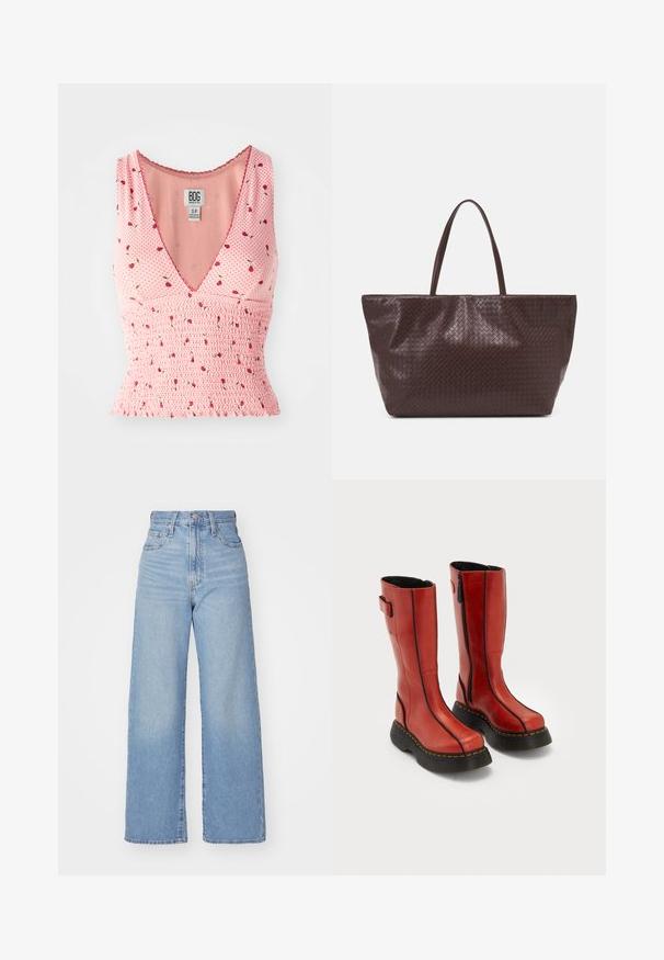 Pink sleeveless top with a V-neck, featuring smocked detailing and a floral print. Small red flowers are scattered on a polka dot background.; Light blue wide-leg jeans made of denim. Features high waist, five-pocket design, and a button closure. Straight cut with a clean hem.; Tall red leather boots with black thick soles, side zippers, and black stitching details, standing side by side on a white background.; Brown woven leather tote bag with two handles, a structured shape, and a textured surface, featuring a diamond pattern throughout.