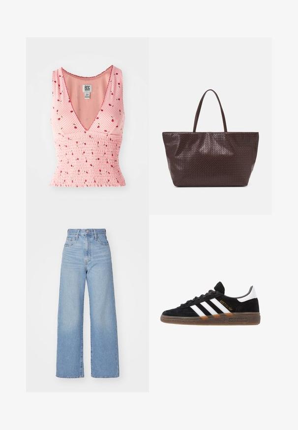 Lyserød ærmeløs top med V-hals, der har smock-detaljer og et blomstermønster. Små røde blomster er spredt over en baggrund med polka prikker.; Lyseblå højtaljede bukser med bred benåbning, med frontknap og lynlås, samt for- og baglommer, på en hvid baggrund.; Sort Adidas sneakers med hvide striber, guld "Spezial" tekst, gummisål og hvid hælflap, vist i profil.; Brun vævet læder tote bag med to håndtag, en struktureret form og en tekstureret overflade, der har et diamantmønster i hele designet.
