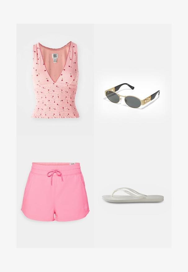 Top roz fără mâneci, cu decolteu în V, având detalii cu smocuri și un imprimeu floral. Flori roșii mici sunt împrăștiate pe un fond cu buline.; Șorturi atletice roz cu talie elastică și șnur ajustabil. Au un material neted și un mic logo pe lateral.; Flip-flop alb cu o talpă texturată, având bretele subțiri și un design plat. Fabricat din cauciuc, cu un logo subtil pe talpa interioară.; Ochelari de soare ovale cu ramă din metal auriu și lentile gri. Prezintă brațe din acetat negru cu accente aurii și detalii cu logo pe laterale.