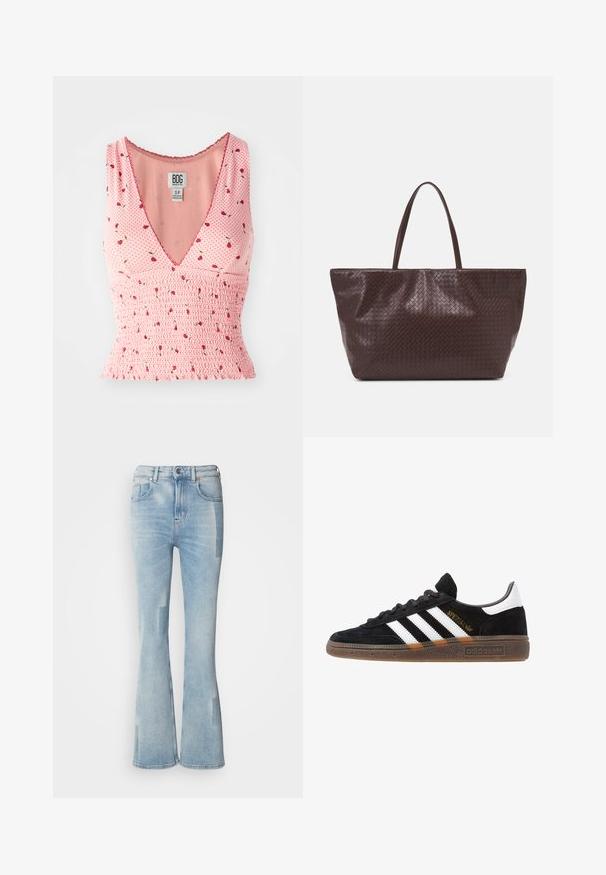 Top rosa senza maniche con scollatura a V, caratterizzato da dettagli arricciati e una stampa floreale. Piccole fiori rossi sono sparsi su uno sfondo a pois.; Scotch & Soda THE GLOW - Jeans bootcut - art from the heart; Sneaker Adidas nere con strisce bianche, testo "Spezial" dorato, suola in gomma e tab sul tallone bianco, mostrato in veduta laterale.; Borsa tote in pelle intrecciata marrone con due manici, dalla forma strutturata e superficie texturizzata, caratterizzata da un motivo a diamante in tutto il suo corpo.