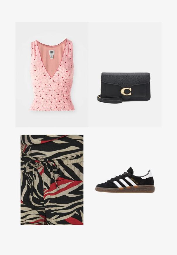 Rosa ärmlös topp med V-ringning, som har smockdetaljer och blommönster. Små röda blommor är utspridda på en prickig bakgrund.; Svart, elfenben och röd tyg med ett djärvt zebrastripesmönster. Midjebandet har en justerbar dragsko för passform. Texturen verkar lätt.; Svarta Adidas-sneakers med vita ränder, guld "Spezial" text, gummisulor och vit hälflik, visade i profilvy.; Svart läderplånbok med texturerad yta, med ett guldtonat lås och en avtagbar rem. Kompakt, rektangulär form med sömnadsdetaljer.