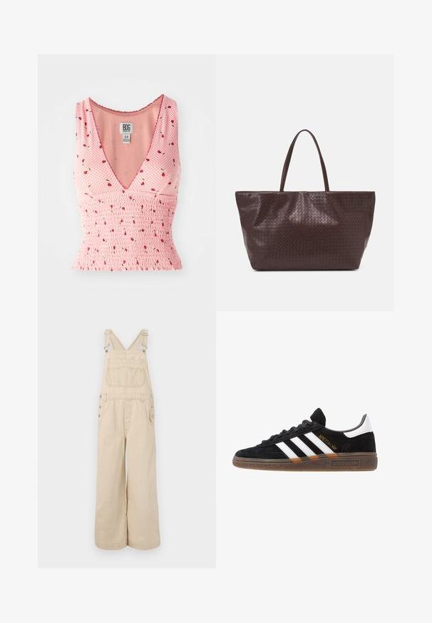 Roosa ilma varrukateta topp V-kaelusega, kus on smockimise detailid ja lillemuster. Väikesed punased lilled on hajutatud täppide taustale.; Beige triibulised sukkpüksid laia säärtega, millel on reguleeritavad rihmad, metallnupud, eesmine tasku ja rinna-tasku.; Mustad must Adidas'i sneaker valgete triipudega, kuldse "Spezial" tekstiga, kummi tallaga ja valge kontsaga, kujutatud külgvaates.; Pruun punutud nahast kott kahe käepideme ja struktureeritud kuju ning tekstureeritud pinnaga, millel on kogu ulatuses rombikujuline muster.
