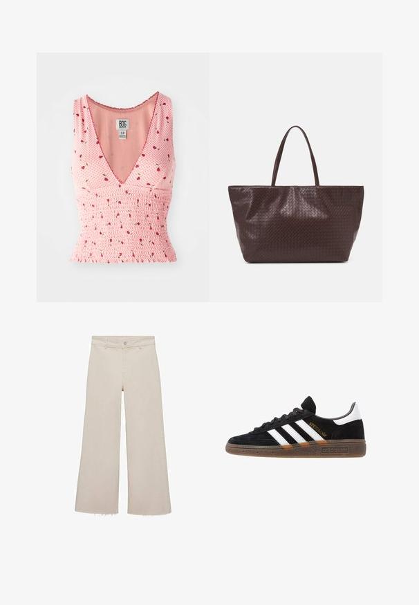 Top sin mangas de color rosa con escote en V, que presenta detalles fruncidos y un estampado floral. Pequeñas flores rojas están esparcidas sobre un fondo de lunares.; Jeans anchos en color beige con cintura alta, fabricados en tejido de mezclilla. Presentan un dobladillo sin acabar en la parte inferior y un cierre frontal con botón y cremallera.; Zapatilla negra de Adidas con franjas blancas, texto dorado "Spezial", suela de goma y talón blanco, mostrada en vista lateral.; Bolso tote de cuero trenzado marrón con dos asas, de forma estructurada y superficie texturizada, con un patrón de diamantes en todo su diseño.