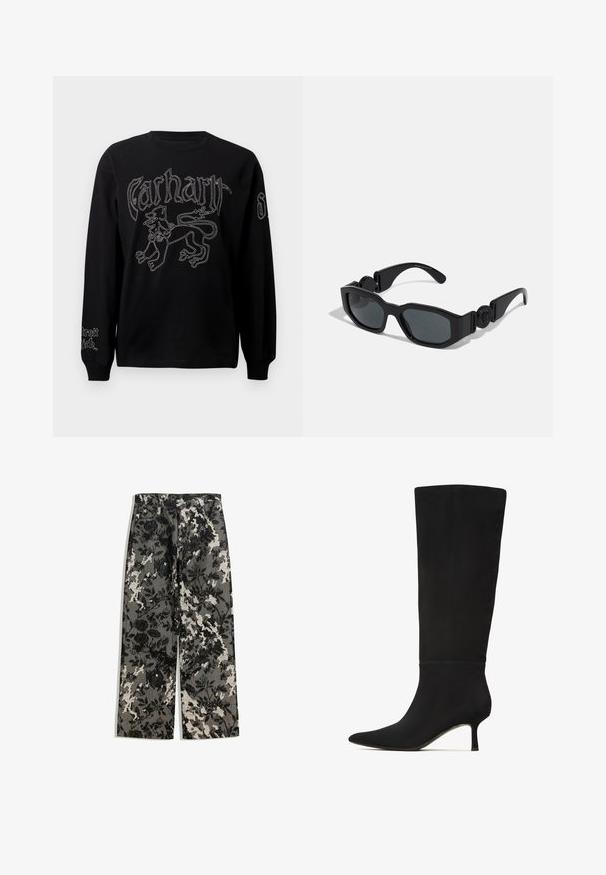 Maglietta nera a maniche lunghe con ricamo bianco di un leone e testo, con scollo rotondo e polsini a costine.; Pantaloni a gamba larga di media altezza con un motivo floreale nero e bianco su sfondo grigio, dotati di una cintura classica e tasche anteriori.; Stivale nero al ginocchio in morbida suede con punta affusolata e tacco a stiletto sottile. Caratterizzato da un design senza soluzione di continuità e con minime rifiniture in metallo.; Occhiali da sole neri con montatura angolare, spigoli spessi, lenti scure e dettaglio circolare sugli steli. Materiale plastico liscio.; Even&Odd Shopping bag - black