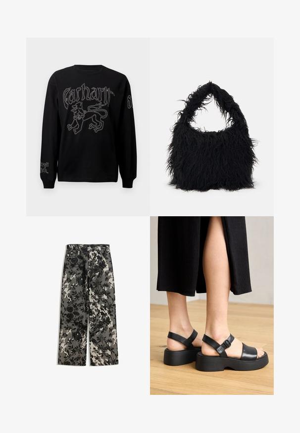 Black long-sleeve shirt featuring white embroidery of a lion and text, with a round neckline and ribbed cuffs.; Mid-rise wide-leg pants in a textured black and white floral pattern on a gray background, featuring a classic waistband and front pockets.; Black leather platform sandals with adjustable ankle straps and wide front bands, featuring a textured sole and minimalist design.; Even&Odd Tote bag - black