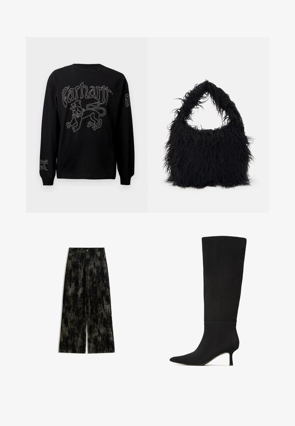 Crna majica dugih rukava s bijelim vezom lava i tekstom, okruglog izreza i rebrastim manžetama.; Široke hlače u crnoj i tamnosivoj boji s teksturiranim, mramornim uzorkom, prednjim džepovima, dugmetom za zatvaranje i petljama za remen.; Crne čizme do koljena od glatkog mikrofibra s izoštrenim prstom i uskim stiletto potpeticama. Imaju bezšavnu izradu i minimalne metalne detalje.; Even&Odd Velika torba - black