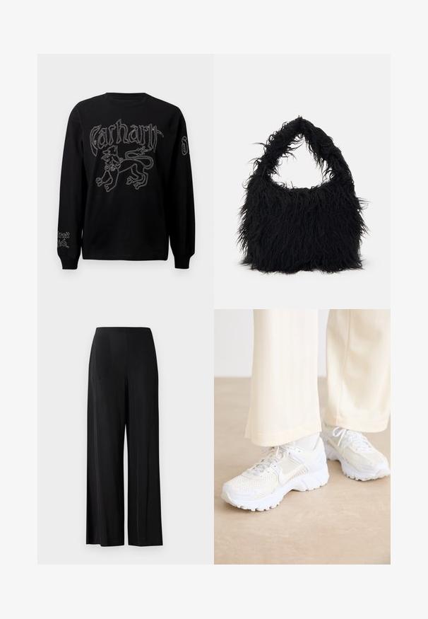 Črna majica z dolgimi rokavi z belim vezenjem levom in napisi, okroglim izrezom in rebrastimi manšetami.; Črne hlače širokih nogavic iz gladkega materiala, z visokim pasom in brez vidnih žepov ali kovinskih delov. Dolžina do tal.; Bela športna obutev z mrežasto zasnovo, teksturiranimi površinami in podporni podplati. Šnure in subtilna oznaka na strani.; Even&Odd Torba za nakupovanje - black