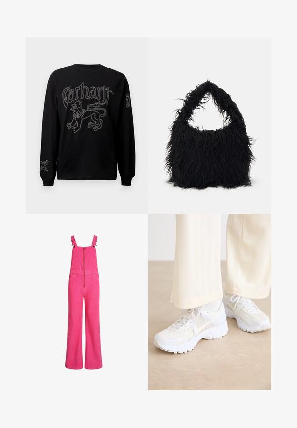 Black long-sleeve shirt featuring white embroidery of a lion and text, with a round neckline and ribbed cuffs.; Bright pink wide-leg corduroy overalls with adjustable shoulder straps, front zipper, and side pockets, shown on white background.; White athletic shoes with a mesh design, textured surfaces, and supportive soles. Laces and subtle branding detail on the side.; Even&Odd Tote bag - black