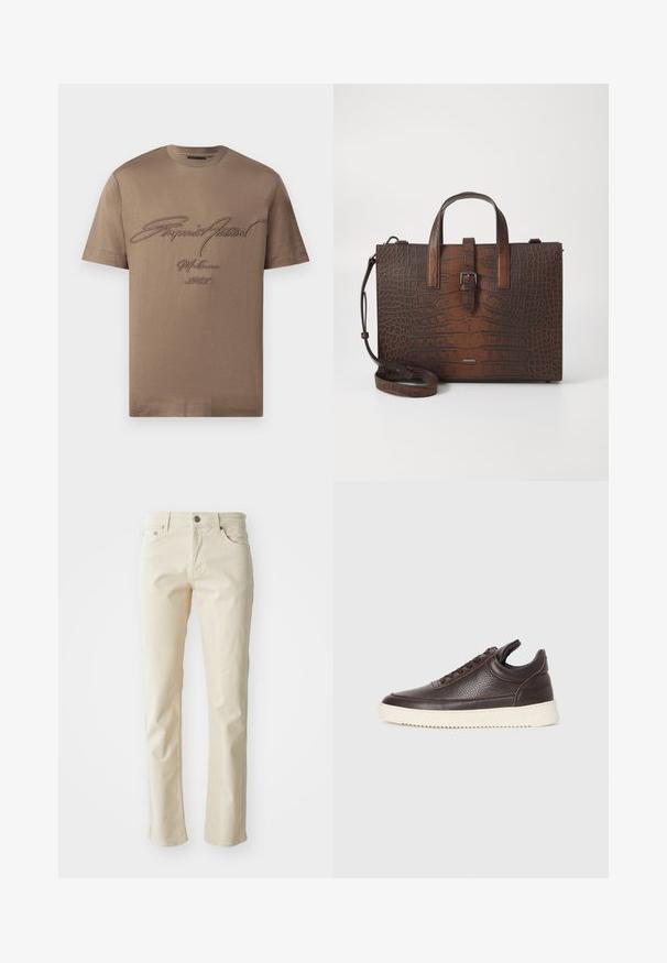 Camiseta de algodón marrón con mangas cortas, que presenta texto bordado en marrón oscuro. Diseño simple de cuello redondo con un ajuste relajado.; Pantalones de algodón beige con un diseño de pierna recta, que presentan un estilo clásico de cinco bolsillos y cierre de botón metálico. Textura suave, sin patrones.; Zapatilla de cuero texturizado marrón oscuro con cordones en la parte frontal y suela de goma blanca con estrías sobre un fondo claro y liso.; Bolso de mano de cuero marrón con estampado de cocodrilo, con asas superiores y correa de hombro desmontable. Presenta un cierre de hebilla y forma rectangular.