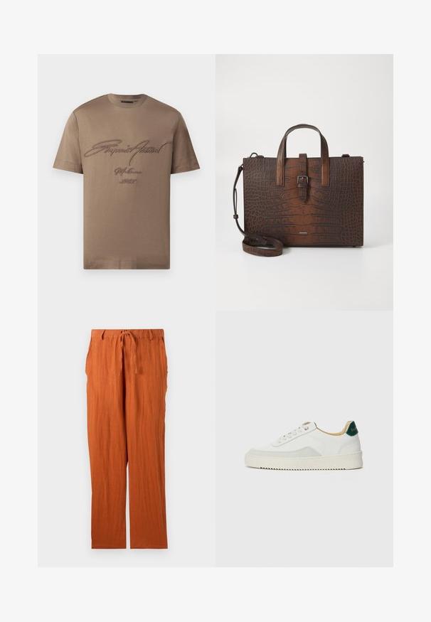 T-shirt en coton marron à manches courtes, avec un texte brodé en marron foncé. Design simple à col rond avec une coupe décontractée.; Pantalons couleur rouille en tissu texturé, avec une taille à nouer et une coupe droite. Style simple et sans ornements.; Baskets blanches avec des accents en daim, bout arrondi, lacets plats et semelle en caoutchouc crème. Présente une marque verte sur le talon.; Sac à main en cuir embossé crocodile marron avec des poignées supérieures et une bandoulière amovible. Présente une fermeture à boucle et une forme rectangulaire.