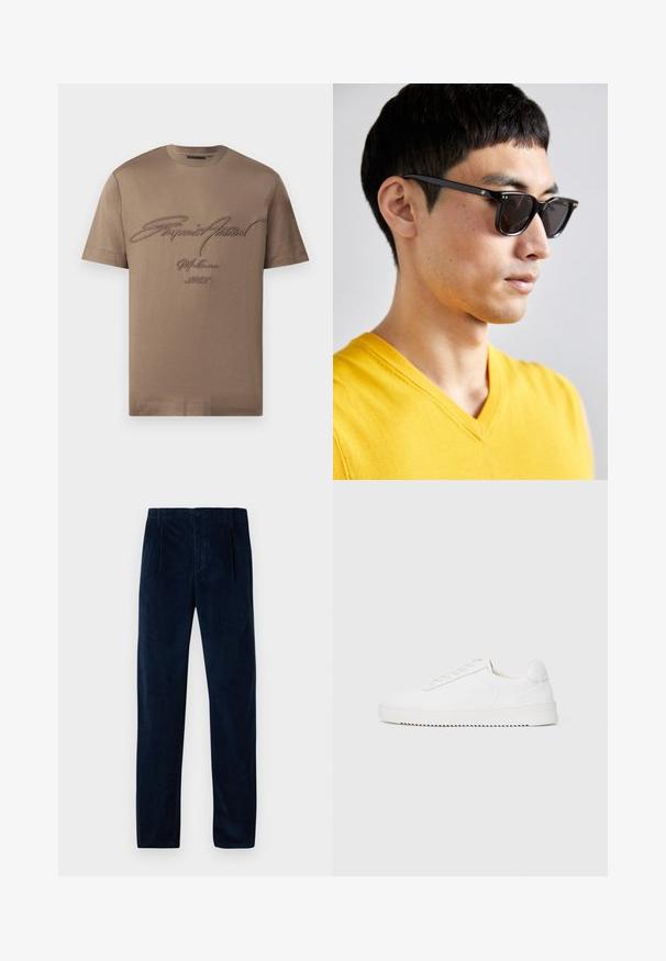 Brown cotton T-shirt with short sleeves, featuring embroidered text in dark brown. Simple crew neck design with a relaxed fit.; Navy blue corduroy trousers with front pleats, belt loops, side pockets, and a button and zipper closure, displayed flat on a white background.; White sneaker with a smooth leather upper, rounded toe, laces, textured side accents, and a thick rubber sole. Minimalist design.; Sunglasses with black frames and dark lenses. Notable details include small gold accents on the hinges and a rectangular shape.