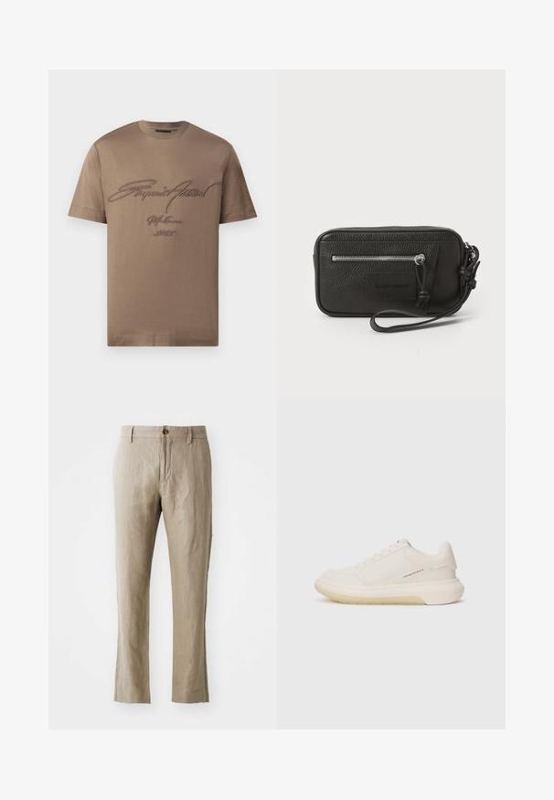 T-shirt in cotone marrone con maniche corte, decorato da testo ricamato in marrone scuro. Design semplice con colletto girocollo e vestibilità rilassata.; Pantaloni in lino beige con taglio dritto, dotati di chiusura anteriore a bottone e superficie liscia. Nessun motivo o accento visibile.; Sneaker bianche con tomaia in pelle liscia, punta tondeggiante e suola in gomma spessa. Presentano cuciture minime e un sottile dettaglio con il logo sul lato.; Clutch nera in pelle con superficie testurizzata, tasca frontale con zip e tracolla rimovibile. Presenta una patch con logo sul davanti. Forma rettangolare.