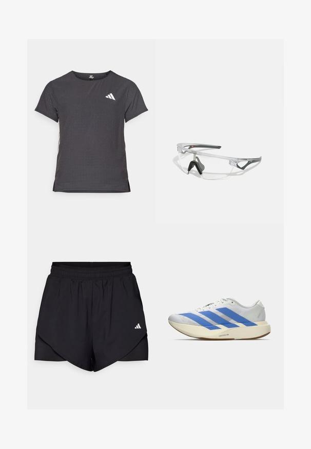 Lühikese varrukaga sportlik T-särk, tumehall, perforatsiooni tekstuuriga. Omab valget logo ja kontrastset külgtriipu. Ümar kaelus.; Mustad mustad lühikesed püksid kihilise disainiga, valmistatud kergest kangast. Omavad elastset taljeosa ja väikest valget logo külgedel.; Valge sportlik king, millel on sinised triibud, tekstureeritud ülemine osa, lame tall ja "LIGHTSTRIKE PRO" bränding küljel. Madala profiiliga disain.; Selged ohutusprillid kerge, läbipaistva raami ja hallide aktsentidega. Omab ümbritsevat disaini ja reguleeritavat ninatükki.