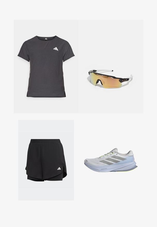 T-shirt de sport à manches courtes, gris foncé avec une texture perforée. Présente un logo blanc et des rayures latérales contrastantes. Encolure arrondie.; Shorts de sport noirs avec une taille élastique, un design superposé, des shorts ajustés à l'intérieur et un logo blanc en bas à gauche.; Baskets de course avec une tige en mesh léger de couleur blanche, rehaussée de rayures grises. La semelle possède une légère courbure et des accents jaune fluo.; Lunettes de soleil avec une monture noir et blanc, de grandes lentilles réfléchissantes aux nuances dorées et roses, un design aérodynamique et un bord extérieur élargi.