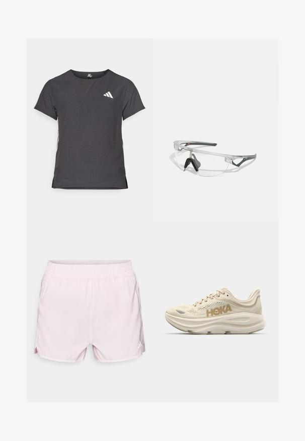 Kurze Ärmel Sport-T-Shirt, dunkelgrau mit durchbrochener Textur. Enthält ein weißes Logo und kontrastierende Seitenstreifen. Runder Ausschnitt.; Rosa Sportshorts mit einem elastischen Bund, leichtem Stoff, seitlichen Schlitzen und einem kleinen weißen Logo auf der unteren rechten Seite.; Helle beige Laufschuhe mit Obermaterial aus Mesh, gepolstertem Kragen, hervorgehobenem "HOKA"-Logo in Gold und dicker, gepolsterter Sohle für Komfort.; Klare Schutzbrille mit einem leichten, transparenten Rahmen und grauen Akzenten. Verfügt über ein umschließendes Design und ein verstellbares Nasenstück.