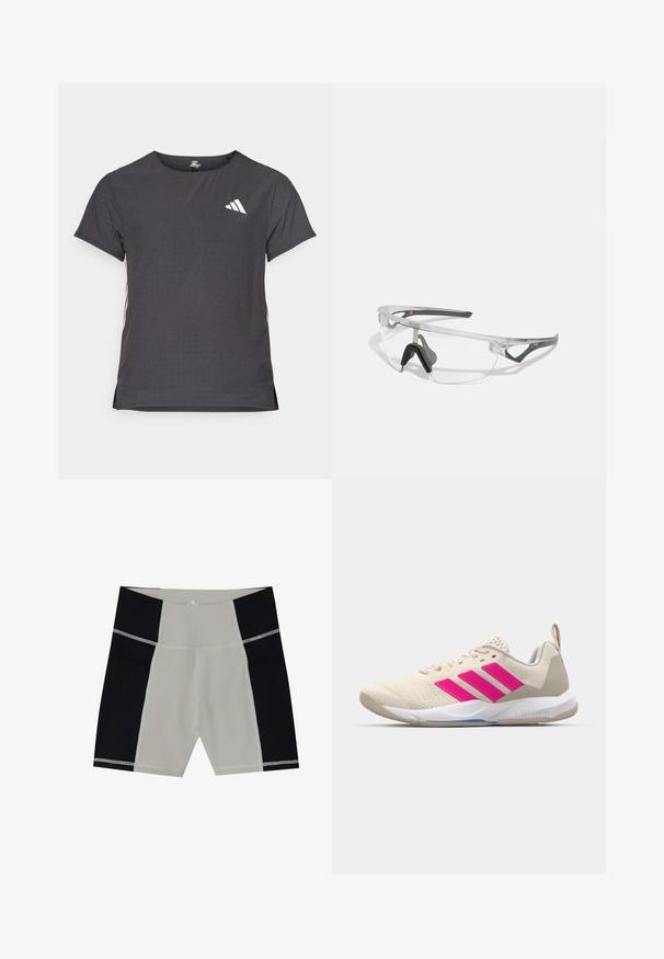 T-shirt de sport à manches courtes, gris foncé avec une texture perforée. Présente un logo blanc et des rayures latérales contrastantes. Encolure arrondie.; Shorts de bain pour hommes avec un panneau central beige et des panneaux latéraux noirs. Fabriqués en tissu lisse avec des coutures contrastantes. Longueur mi-cuisse.; Baskets de sport beiges avec un logo à trois bandes roses, tige en maille texturée, col rembourré et semelle en caoutchouc blanc, arborant le marquage "LIGHTSTRIKE".; Lunettes de sécurité transparentes avec une monture légère et transparente, et des accents gris. Dotées d'un design enveloppant et d'un nez ajustable.