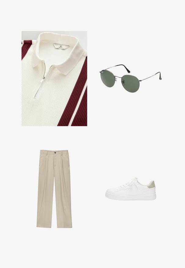 Next VERITCAL STRIPE - REGULAR FIT - Polo majica - burg white; Bež hlače ravnega kroja, z enim črnim gumbom, zanke za pas in stranskimi žepi. Gladka tekstura tkanine in minimalističen dizajn.; Beli usnjeni superge z teksturirano belo podplato, ravnimi vezalkami in bež semiš poudarkom na peti. Šivani detajli na straneh.; Sončna očala z ovalnimi zelenimi lečami v kovinskem okvirju. Tanjši srebrni kovinski okvir in črne ušesne konice. Minimalistična zasnova, brez vidnih logotipov.