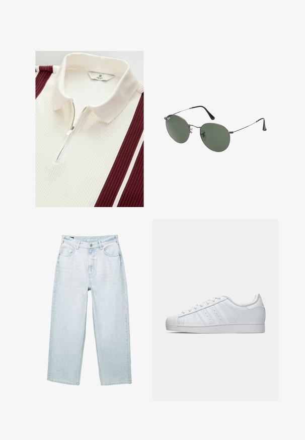 Next VERITCAL STRIPE - REGULAR FIT - Pikeepaita - burg white; Vaaleansiniset farkut, joissa on löysä malli, viisi taskua, vetoketjukiinnitys ja näkyvät saumat. Kangas on pehmeästä materiaalista.; Valkoinen nahkasneakeri, jossa on текстuroitu kuminen varvaskansi, kolme sivuviivaa ja pehmustettu kaulus. Litteät valkoiset nauhat ja minimaalinen muotoilu.; Aurinkolasit metallikehyksillä, joissa on soikeat vihreät linssit. Ohut hopeinen metallikehys ja mustat korvapehmusteet. Minimalistinen muotoilu, ei näkyviä logoja.