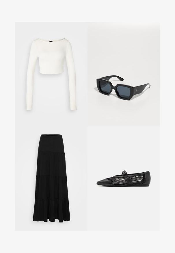 Dlhý rukáv crop top vyrobený z bielej elastickej látky so širokým výstrihom a hladkou textúrou. Žiadne viditeľné vzory ani hardvérové detaily.; Čierna maxi sukňa vyrobená z mäkkého materiálu, s priliehavým pásom a vrstveným volánovým dizajnom so tromi rozlíšiteľnými vrstvami.; Čierne ploché topánky s špicatou špičkou, sieťovými bočnými panelmi a pásikom s prackou. Hladký povrch na špičke a päte.; Čierne nadrozmerné slnečné okuliare s geometrickým vzorom, obdĺžnikové šošovky a lesklý povrch. Na prednej strane nie sú viditeľné žiadne značky.