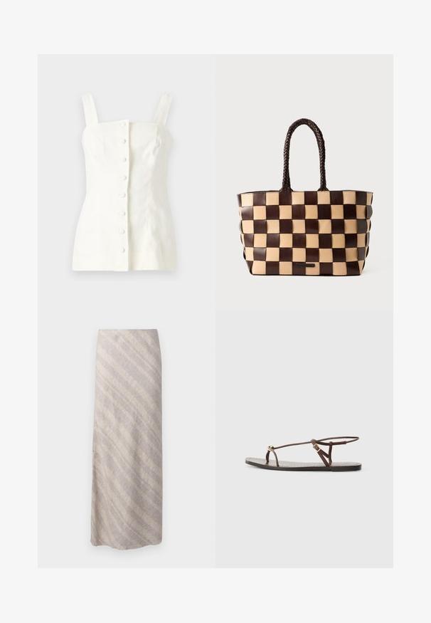 Balta lina bez piedurknēm topa forma ar pieguļošu siluetu, priekšpuses pogu aizdare ar piecām pogām un taisnām siksnām.; Knee garuma svārki izgatavoti no gaiši beiga auduma ar diagonālām gaišākām svītrām. Smalka tekstūra, bezšuvju apdare un brīva forma.; Brūni ādas sandeļi ar plānām siksnām, zeltītu apļa akcentu un plakanu zoli. Minimalistisks dizains ar regulējamu sprādzi.; Brūna un bēša ādas rokassoma ar austu šaha laukuma rakstu un pītām rokturiem uz baltas fona.