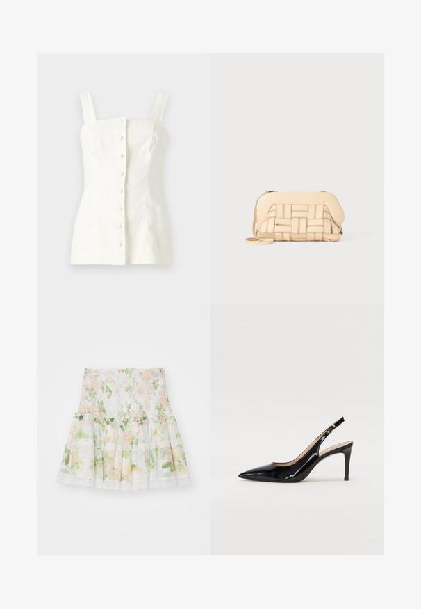 Witte linnen mouwloze top met een aansluitende snit, voorkant met knoopsluiting met vijf knopen, en rechte schouderbanden.; Floral bedrukte rok van lichtgewicht stof. Heeft een gerimpelde taille, een gerende zoom en kantaccenten. Kleuren zijn roze, groen en wit.; Zwarte gepatineerde leren slingback pump met een puntige neus, slanke hak en een subtiel uitgesneden ontwerp. Bevat een gouden gesp op de band.; Geweven beige handtas met een gestructureerd ontwerp, voorzien van een gladde bovenkant en een lange schouderband. Textuurdetails verbeteren het algehele uiterlijk.
