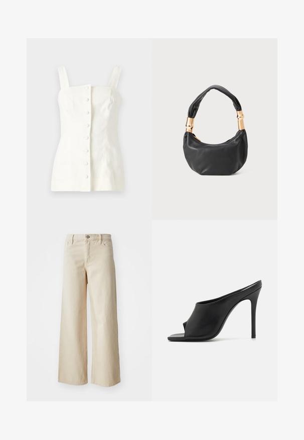 Biely ľanový top bez rukávov s priliehavým strihom, predným zapínaním na päť gombíkov a rovnými ramienkami.; Béžové džínsy s širokými nohavicami vyrobené z denimu, so zvýšeným pásom, zapínaním na gombík, pútkami na opasok a bočnými vreckami. Hladká textúra a uvoľnený strih.; GIABORGHINI KEIRA - Sandále T-bar - black; Čierna kožená kabelka s guľatým tvarom, príjemnou textúrou a uzlíkovou rukoväťou s akcentmi zlatého tónu. Zipsové uzatvorenie.