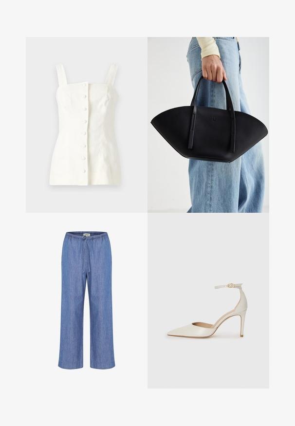 Vit linnetopp utan ärmar med en figurnära silhuett, framknäppning med fem knappar och raka axelband.; Ljusblå, vida byxor i mjukt denimtyg. Har en elastisk midja med dragsko och uppvikta fållar.; Vit läderhögklackad sko med spetsig tå, ankelrem och en smal stilettklack. Slät textur med diskret glänsande finish.; Svart läderhandväska med en unik fläktform, som har platta handtag. Ytan har en pebblad textur och en minimalistisk design.