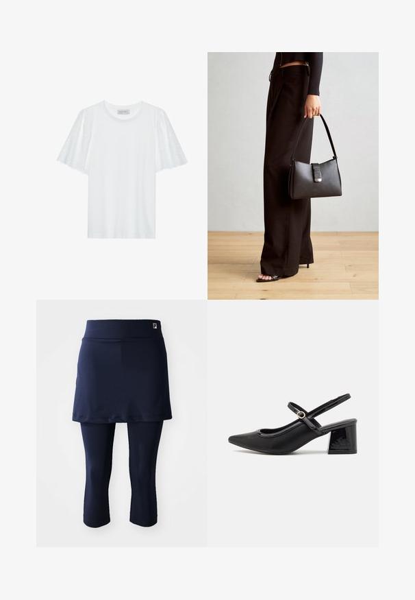 Camiseta blanca con mangas cortas acampanadas que presenta un patrón de broderie anglaise. Tejido suave y escote clásico en forma de cuello redondo.; Falda atlética de color marino con mallas capri ajustadas. Hecha de una tela suave, cuenta con una cinturilla ancha y un pequeño logotipo en la cinturilla.; Tacones slingback de charol negro con punta afilada, un diseño de corte redondeado y tacón bloque. Incluye un detalle de hebilla en tono dorado.; Bolso negro con forma estructurada, textura suave y un cierre metálico. Combinado con pantalones anchos negros y sandalias de dedo en un suelo de madera.