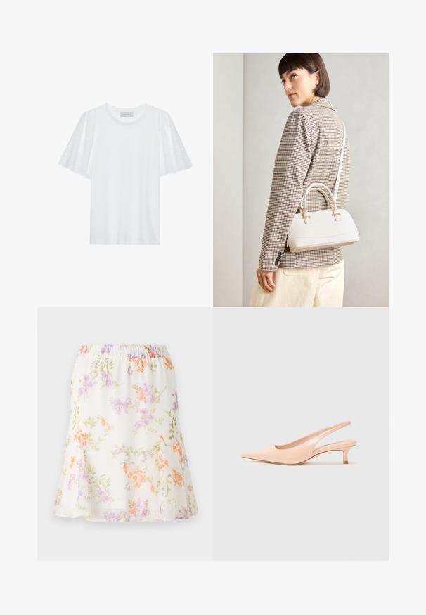 Biała koszulka z krótkimi, rozszerzającymi się rękawami, ozdobiona wzorem broderii anglaise. Gładki materiał i klasyczny okrągły dekolt.; Kwiatowa spódnica z lekkiego, przezroczystego materiału; ma elastyczny pas i wzór pomarańczowych, fioletowych i zielonych kwiatów na kremowym tle.; Steve Madden KARI jasnoróżowy; Biała torebka o strukturalnym kształcie z krótkimi uchwytami i paskiem na ramię, z złotymi akcentami i teksturowanym materiałem, prezentowana na szarym tle.