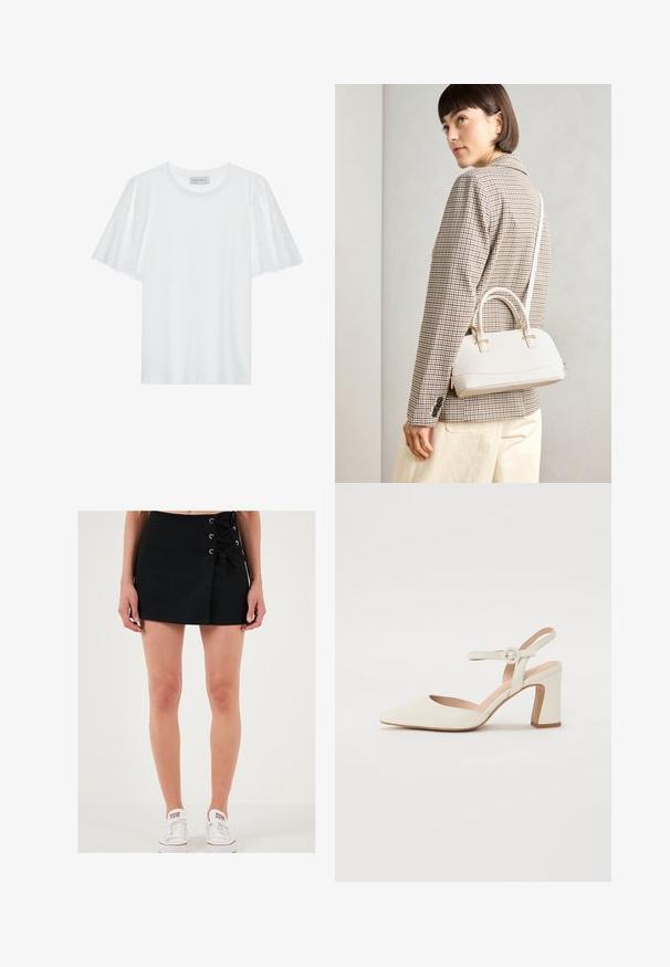 Valkoinen t-paita lyhyillä liehuvilla hihoilla, jossa on broderie anglaise -kuvio. Sileä kangas ja klassinen pyöreä pääntie.; LELA Shortsit - black; Kape avokado, kremvärdig pumps med blockklack. Utrustad med ett tunt ankelsnöre med en rund spänne och en slät lädertextur.; Valkoinen rakenteellinen käsilaukku, jossa on lyhyet kahvat ja olkahihna, varustettu kultaisilla metalliosilla ja tekstuurilla, esillä harmaata taustaa vasten.