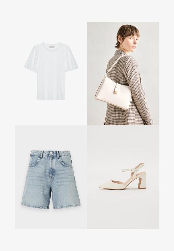 T-shirt branca com mangas curtas e evasê, apresentando um padrão de broderie anglaise. Tecido suave e decote redondo clássico.; Shorts de denim azul claro com cintura alta, design de cinco bolsos e barra desfiada. O tecido tem um ligeiro desbotamento com detalhes de costura visíveis.; Pump de bico fino, na cor creme, com um salto quadrado. Apresenta uma tira fina no tornozelo com uma fivela redonda e uma textura de couro suave.; Bolsa de mão em couro branco com um design estruturado, apresentando um fecho magnético e uma alça de ombro, exibida sobre um fundo neutro.