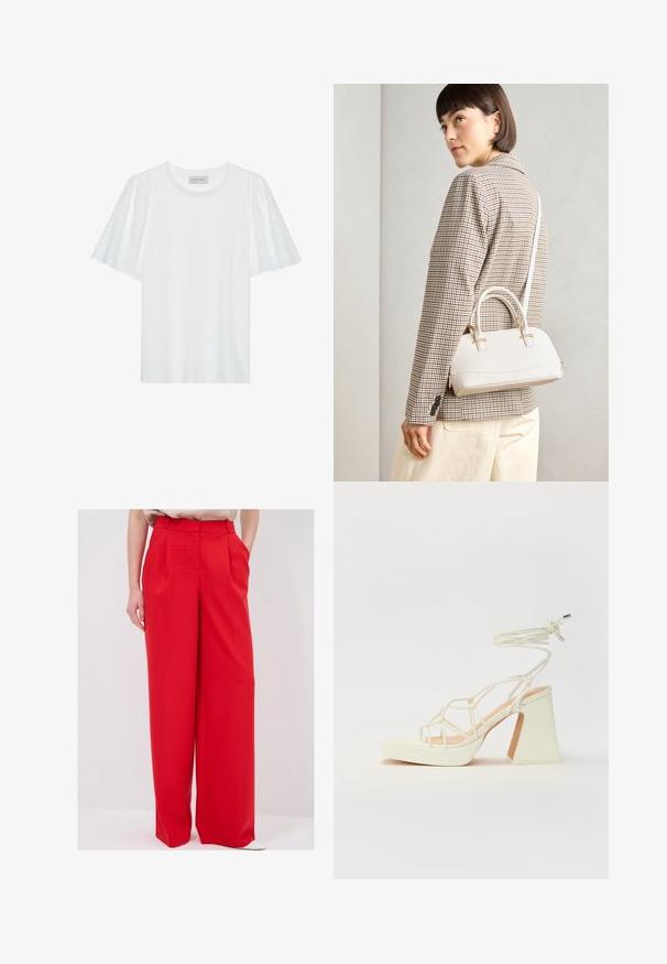 T-shirt bianco con maniche corte a campana, caratterizzato da un motivo in broderie anglaise. Tessuto liscio e scollatura rotonda classica.; Pantaloni larghi rossi con vita alta, caratterizzati da pieghe nette e tasche laterali, realizzati in tessuto liscio. L'orlo si trova sopra le scarpe.; Sandalo bianco con tacco alto, caratterizzato da un design a cinturini e un legaccio alla caviglia. Texture liscia con una piattaforma frontale per un'altezza aggiuntiva.; Borsa a mano bianca strutturata con manici corti e tracolla, dotata di dettagli in metallo dorato e materiale testurizzato, esposta su uno sfondo grigio.