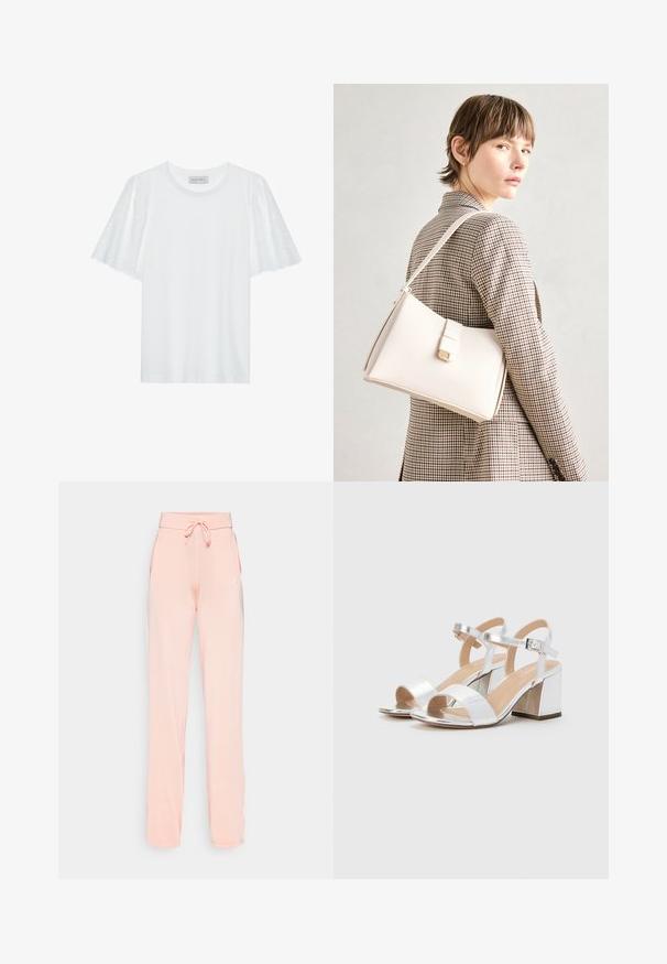 Hvit t-skjorte med korte, utvidede ermer som har et broderie anglaise-mønster. Glatt stoff og klassisk rund hals.; Pese joggebukser i ferskenfarge laget av myk stoff, med snor i livet, sidelommer og en enkel logo på venstre side.; Sølv høyhælte sandaler med åpne tær, med to brede reimer og en rund blokkhelt. Glatt tekstur med metallisk finish.; Hvit lær veske med en strukturert design, med magnetlås og skulderstropp, vist mot en nøytral bakgrunn.