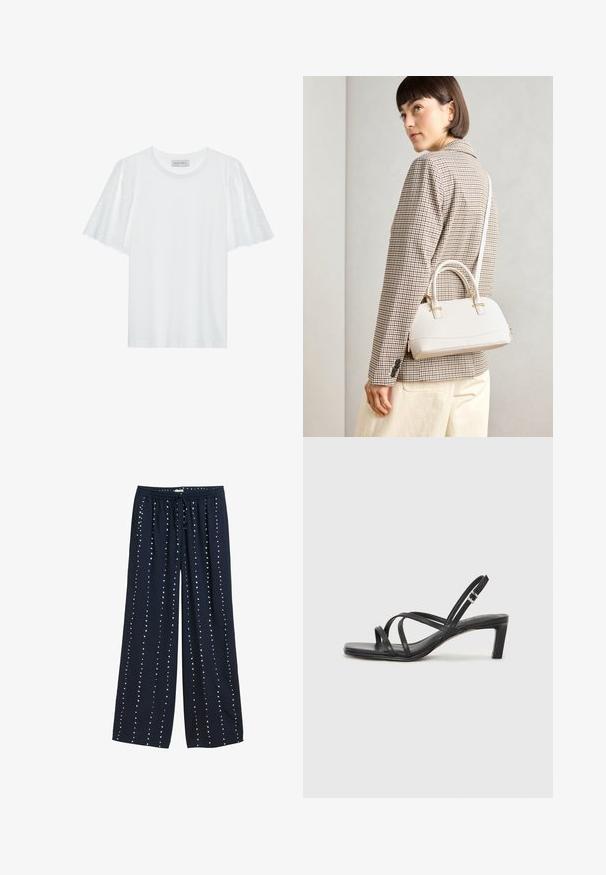 Hvid t-shirt med korte flared ærmer med et broderie anglaise mønster. Glat stof og klassisk rund udskæring.; Marineblå bredbenede bukser med drawstring taljebånd, der har en glat tekstur og hvide prikker arrangeret lodret.; Sort remsandale med firkantet tå og en lav blokeret hæl. Har flere tynde stropper og en justerbar ankelrem. Fremstillet af glat læder.; Hvid struktureret taske med korte håndtag og en skulderrem, prydet med guldfarvede hardwaredetaljer og tekstureret materiale, præsenteret mod en grå baggrund.