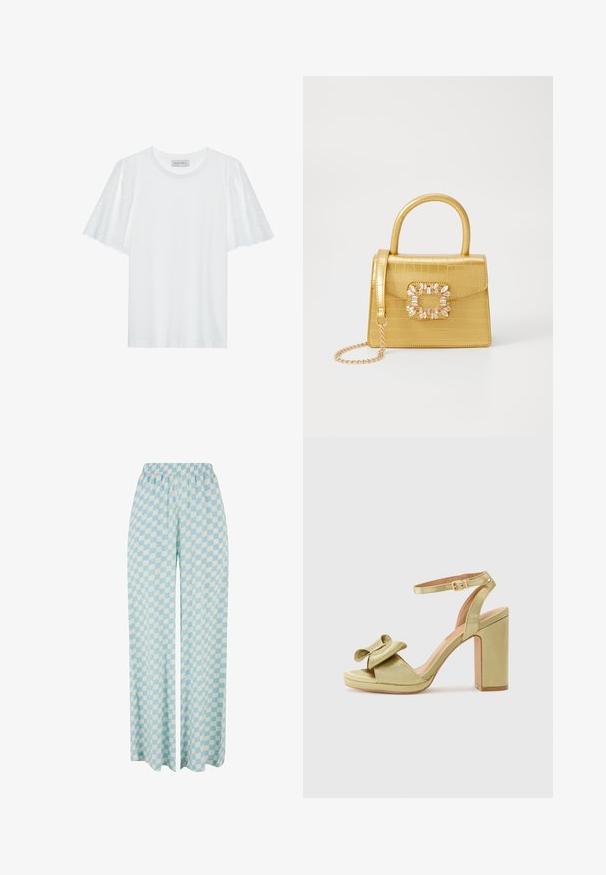 Valge t-särk lühikeste laienevate varrukatega, millel on broderie anglaise muster. Sile kangas ja klassikaline ümmargune kaelus.; Heledad sinine laiad püksid, millel on vahelduvad tooni ruudulised mustrid ja mugav elastne vöökoht.; Roheline satiinist kõrge kontsaga sandaal, millel on eesrindel kaunistus kaare kujul, reguleeritav pahkluu rihm ja paks ruudukujuline konts.; Kollane faux-krokodilli käsipindaga kott, millel on struktureeritud disain, ülemine käepide, eemaldatav kettmass ja dekoratiivne kristallkaunistus klambril.