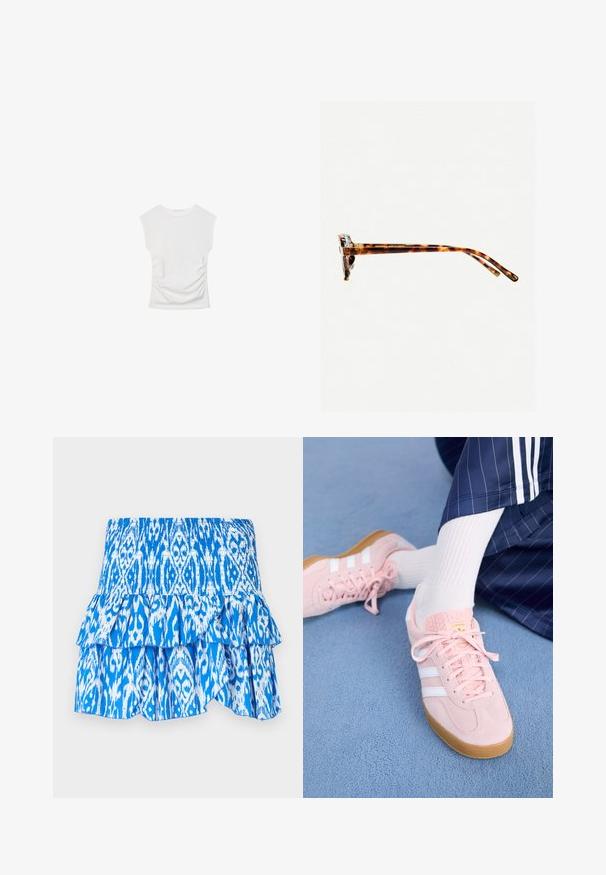 Bela kratka majica s kratkimi rokavi in okroglim izrezom. Ima nabran teksturo ob straneh in prilegajočo silhueto, izdelana iz mehke, raztegljive tkanine.; Modra in bela krilna obleka s smockanim pasom, plastastim nabranim robom in lahkim materialom. Vsebuje oblikovanje v stilu ikat.; Svetlo roza antilopni športni copati z belimi črtami in vezalkami, z teksturirano jezičko in gumo podplatom, postavljeni na modrem tepihu.; Sončna očala iz želvosliva z debelimi okvirji, rahlo ukrivljenimi nogicami in gladko teksturo. Imajo klasičen dizajn z sijočim finišom.