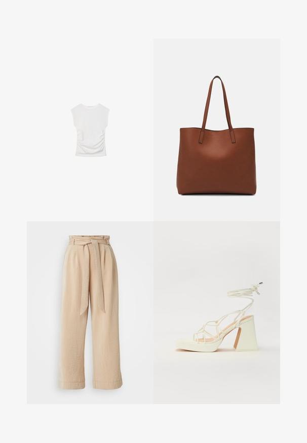 Weißes Kurzarmoberteil mit Rundhalsausschnitt. Verfügt über geraffte Textur an den Seiten und eine figurbetonte Silhouette, gefertigt aus weichem, dehnbarem Material.; Beige weite Hosen mit einem Gurtbund, aus strukturiertem Stoff. Mit einem vorderen Faltenwurf und einem glatten Abschluss am Saum.; Weiße High-Heel-Sandale mit einem klobigen Absatz, die über ein Riemchendesign und ein Knöchelband verfügt. Glatte Textur mit einer Plattform vorne für zusätzliche Höhe.; Braune Leder-Tote mit glatter Textur, offenem Oberteil und zwei Schulterriemen. Verfügt über minimale Nähte und keine sichtbaren Beschläge.