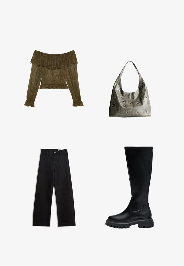Olivově zelená blůza bez ramínek s dlouhými rukávy, volánkovým výstřihem a manžetami, lehká průsvitná tkanina a rozšířený lem.; Černé denimové kalhoty s volným střihem a vysokým pasem, vybavené předními a zadními kapsami, prošívanými švy a knoflíkovým zapínáním. Hladká textura.; Černé kožené boty do půli lýtek s kulatou špičkou, elastickými postranními panely a masivní gumovou podrážkou s vzorovaným šlápnutím.; Olivově zelená kožená kabelka s uvolněným designem, která má kulaté výřezy různých velikostí a akcenty v tmavších a světlejších odstínech.