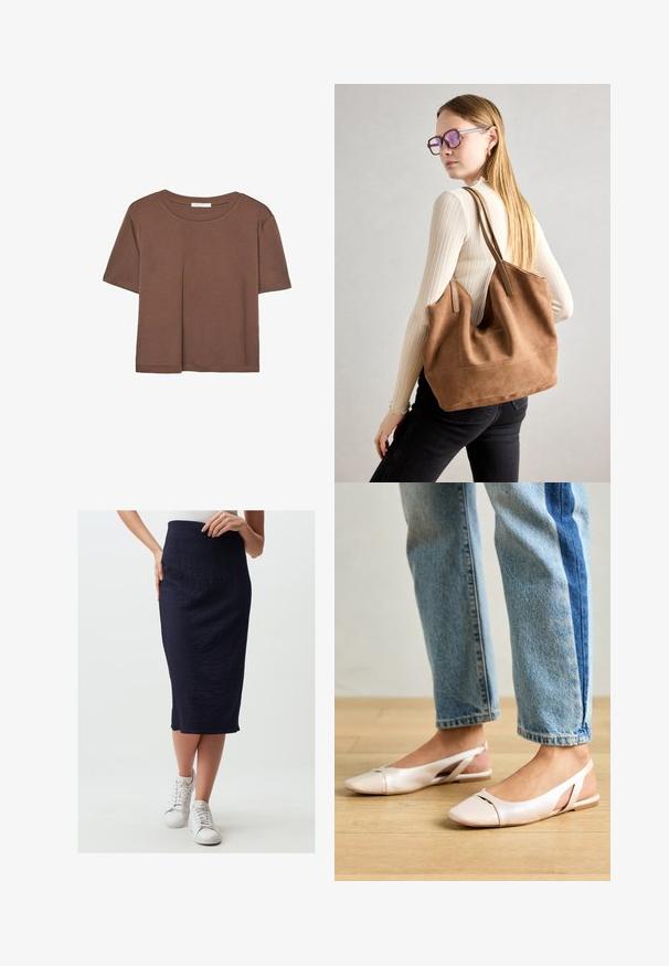 Braunes, kurzärmliges T-Shirt aus weichem Material mit rundem Halsausschnitt und lockerer Passform. Keine sichtbaren Muster oder Akzente.; Marineblaue Midirock mit strukturiertem Finish, hoher Taille und seitlichem Schlitz. Kombiniert mit weißen Sneakers für einen lässigen Look.; Blassrosa Slingback-Ballerinas mit spitzem Punkt, aus einem glatten, lederähnlichen Material. Mit Ausschnitten an den Seiten und einem flachen Absatz.; Braune Wildleder-Tasche mit weicher Textur, großer Öffnung und langen Trägern. Sie verfügt über ein simples Design mit sichtbarem Stich und ohne Beschläge.