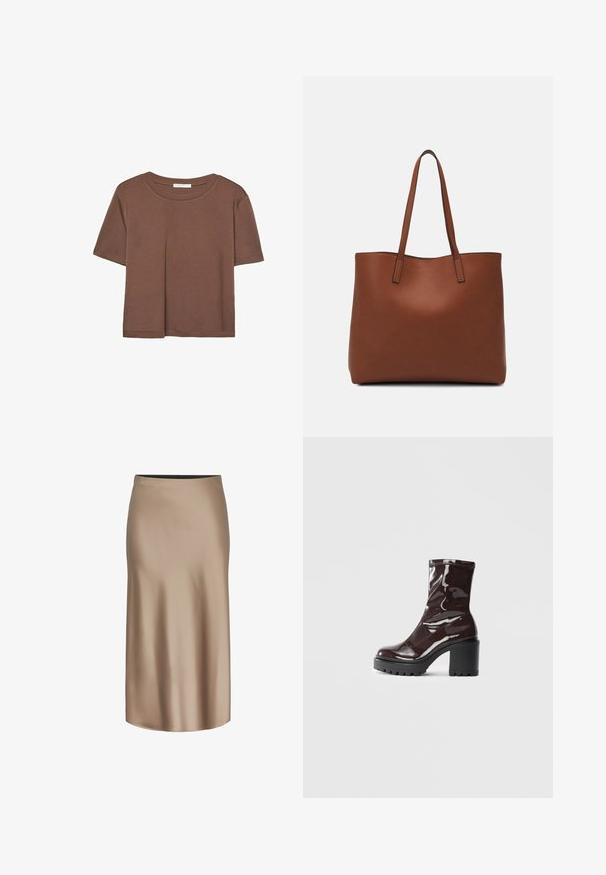 Hnedé tričko s krátkym rukávom vyrobené z jemného materiálu, s okrúhlym výstrihom a voľným strihom. Žiadne viditeľné vzory ani akcenty.; Hnedá saténová midi sukňa s hladkou textúrou, rovnou siluetou a elastickým pásom pre pohodlie. Žiadne viditeľné vzory ani akcenty.; Lesklé burgundské kotníkové boty s robustním černým podpatkem, s hladkou strukturou a jednoduchým designem. Bez viditelných zapínání nebo vzorů.; Hnedá kožená taška na rameno s hladkou textúrou, otvoreným vrchom a dvoma ramenými popruhmi. Má minimálne šitia a žiadne viditeľné kovania.