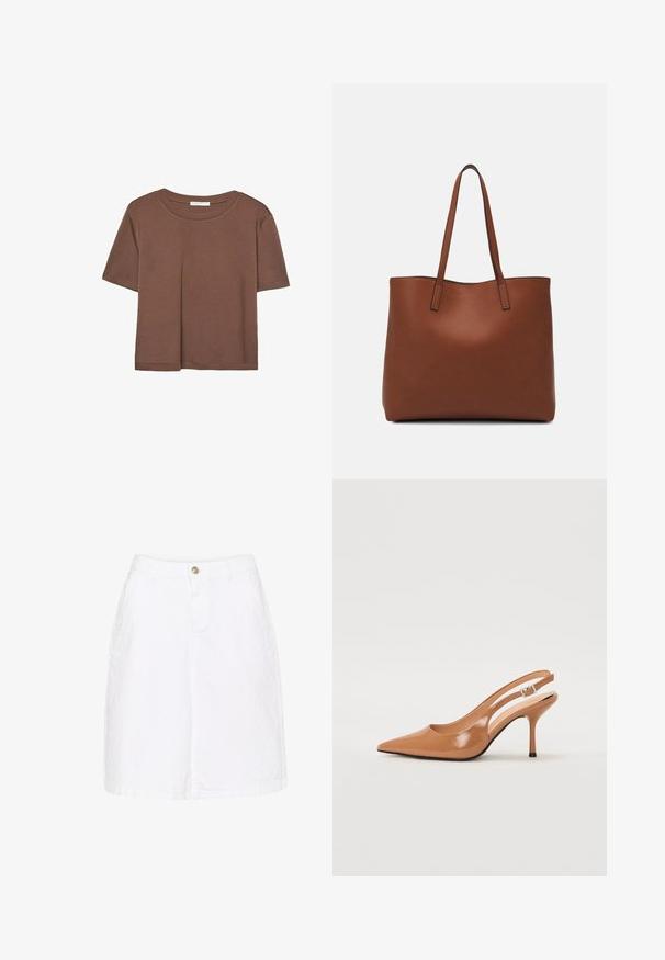 Hnedé tričko s krátkym rukávom vyrobené z jemného materiálu, s okrúhlym výstrihom a voľným strihom. Žiadne viditeľné vzory ani akcenty.; Biela džínová sukňa z bavlny s predným zapínaním na gombíky, bočnými vreckami a rovnou siluetou, ktorá má jemný textúrovaný povrch.; Sandal s úzkym podpätkom a špicatou špičkou v hladkej lesklej hnedej materiáli. Obsahuje zakrivený výrez a štíhly ihlový podpätok. Strieborný prackový detail.; Hnedá kožená taška na rameno s hladkou textúrou, otvoreným vrchom a dvoma ramenými popruhmi. Má minimálne šitia a žiadne viditeľné kovania.