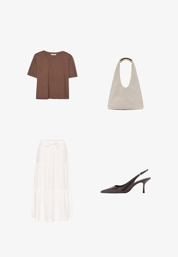 Korte mouwen T-shirt in bruin, gemaakt van een zachte stof, met een ronde halslijn en een relaxte pasvorm. Geen zichtbare patronen of accenten.; Witte, gelaagde maxi-rok van lichtgewicht stof. Voorzien van een elastische tailleband met een strikkoord. Soepele textuur, eenvoudig ontwerp.; Puntige slingback hakken in donkerbruin lakleer, met een slanke hoge hak en een verstelbare enkelband met een gesp.; Lichtgrijze leren tas met een U-vormig ontwerp en een gebogen metalen handvat. Glad oppervlak met minimale stiksels en geen zichtbare patronen.
