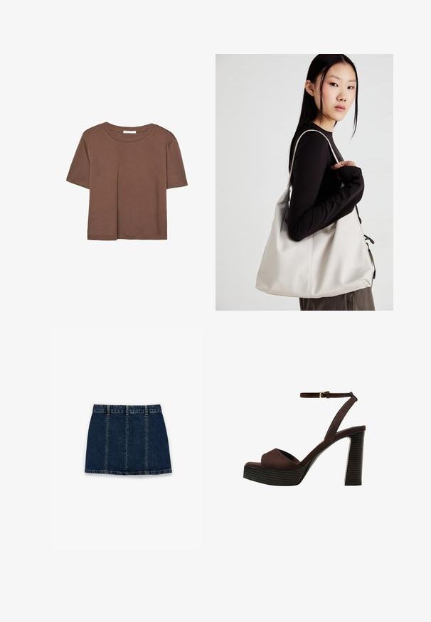 T-shirt marron à manches courtes en tissu doux, avec un col rond et une coupe décontractée. Aucun motif ni accent visible.; Jupe en denim bleu foncé, dotée de cinq passants de ceinture, d'un ourlet effiloché et de coutures verticales. Design à coupe droite avec une texture légère.; Sandale à talons hauts en suede marron avec un bout ouvert, une bride de cheville réglable et une semelle de plateforme rayée.; Sac à main beige en matériau souple, avec un design décontracté, des détails cousus et deux poignées. Idéal pour un usage quotidien.