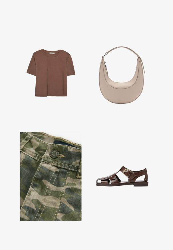 Smeđi kratki rukav majica od mekog materijala, s okruglim izrezom i opuštenim krojem. Nema vidljivih uzoraka ili naglasaka.; Tkanina s kamuflažnim uzorkom u nijansama zelene i bež boje, s vidljivim šavovima, metalnim dugmetom i glatkom teksturom.; Smeđe kožne sandale s izrezbarenim dizajnom, podesivim bočnim kopčanjem i ravnim potplatom, s metalnim detaljima i otvorenim prstima.; Bež kožna torba za rame u obliku polumjeseca, glatke teksture i s jednim zakrivljenim ručkom. Sadrži zatvor na zip i uredno šivenje.