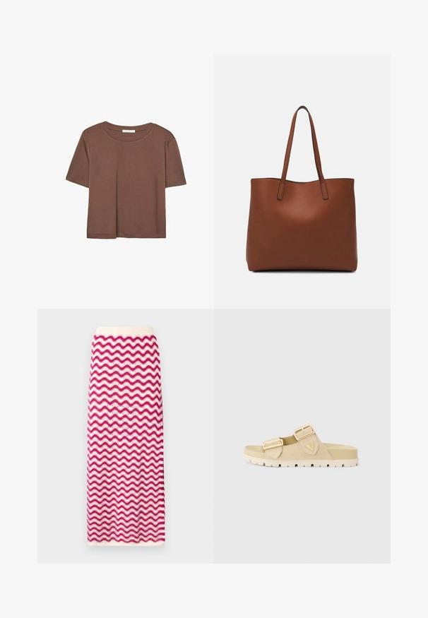 Smeđi kratki rukav majica od mekog materijala, s okruglim izrezom i opuštenim krojem. Nema vidljivih uzoraka ili naglasaka.; Pleteni midi suknja s valovitim uzorkom u ružičastoj i bijeloj boji. Elastična pamučna lišća i teksturirani završetak. Ravni kroj i dužina do gležnja.; Bež sandala na klizanje s dva podesiva zlatna kopčanja, gornji dio od mekog nubuka, teksturirani potplat i umjerena visina platforme za udobnost.; Smeđa kožna torba preko ramena s glatkom teksturom, otvorenim vrhom i dvjema naramenicama. Ima minimalne šavove i nema vidljivog hardvera.