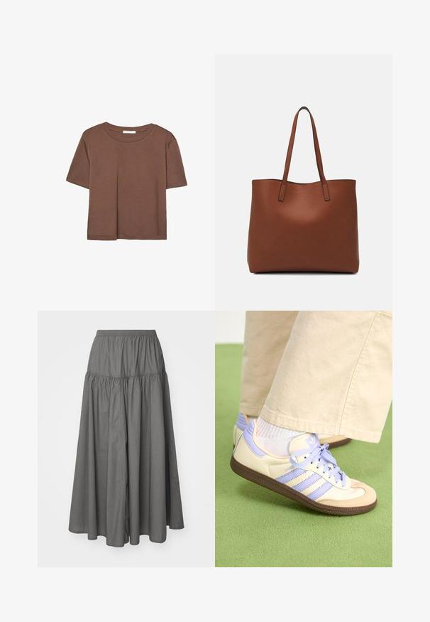Braunes, kurzärmliges T-Shirt aus weichem Material mit rundem Halsausschnitt und lockerer Passform. Keine sichtbaren Muster oder Akzente.; Weekday SKIRT - Maxirock - dark mole; Cremefarbene und lavendelfarbene Sneakers mit drei Streifen und einer strukturierten braunen Sohle, ausgestattet mit Schnürsenkeln und einer gepolsterten Ferse. Obermaterial aus weichem Stoff.; Braune Leder-Tote mit glatter Textur, offenem Oberteil und zwei Schulterriemen. Verfügt über minimale Nähte und keine sichtbaren Beschläge.