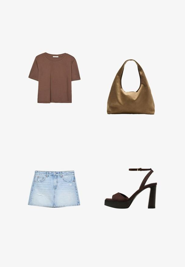Rjava kratka majica s kratkimi rokavi iz mehkega materiala, s krožnim izrezom in ohlapnim krojem. Brez vidnih vzorcev ali dodatkov.; svetlo modra denim krila z ravnim krojem, sprednjimi žepi in obrabljenimi detajli. Zaključena z gumbom in zadrgo.; Rjave semiš sandale z visoko peto, odprto spredaj, z nastavljivim gležnjenjem in črtastim podplatom.; Brahna torba preko rame iz rjave tkanine s širokim, zaobljenim tijelom i velikim izrezanim ručkom. Meka tekstura, minimalistički dizajn i bez vidljivih metalnih dijelova.